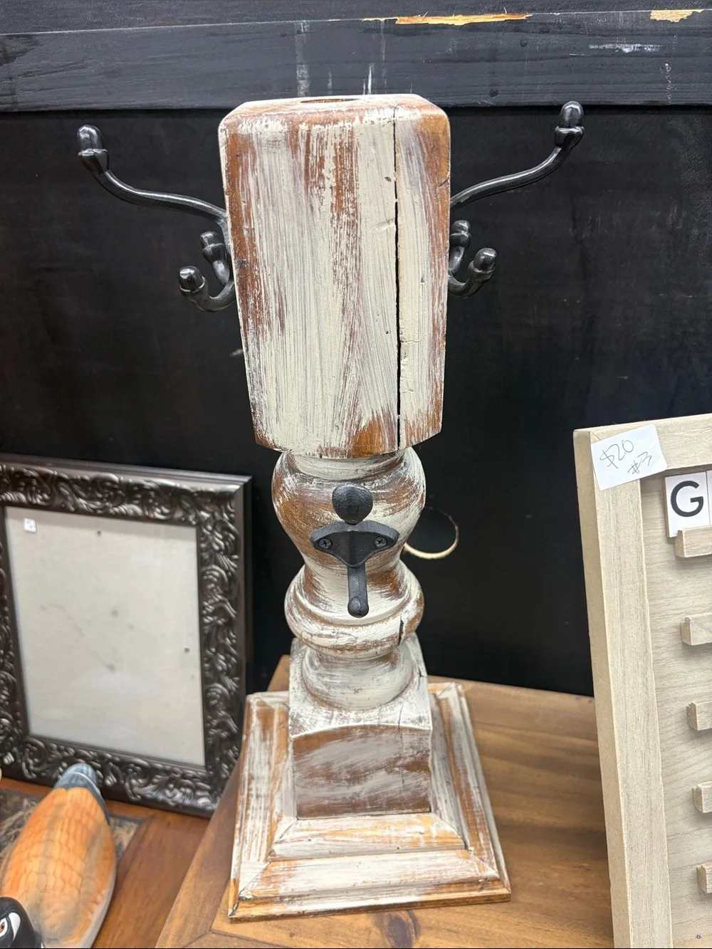 Farmhouse White & Brown Wooden Standing Hook Rack